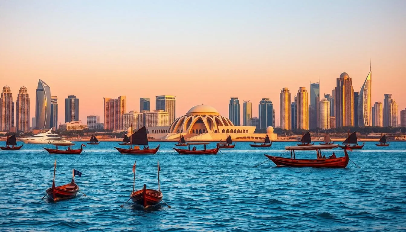 Doha skyline at sunset with traditional dhow boats in the foreground, showcasing Qatar's best things to do