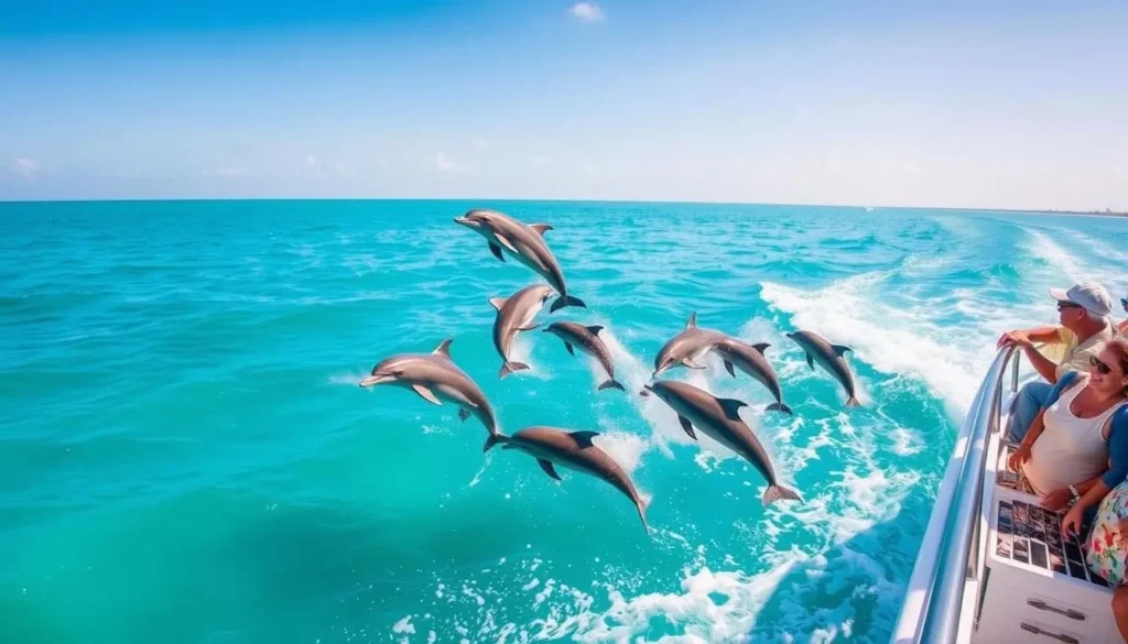 Dolphins playing in the wake of a boat during a dolphin watching tour near Mustang Island