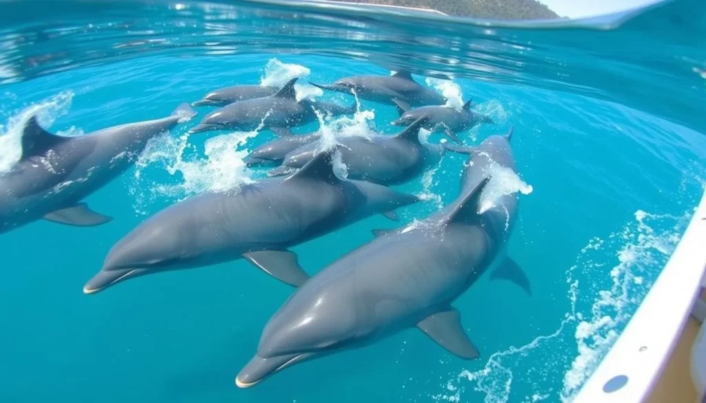Dolphins swimming alongside a cruise boat in Port Stephens waters