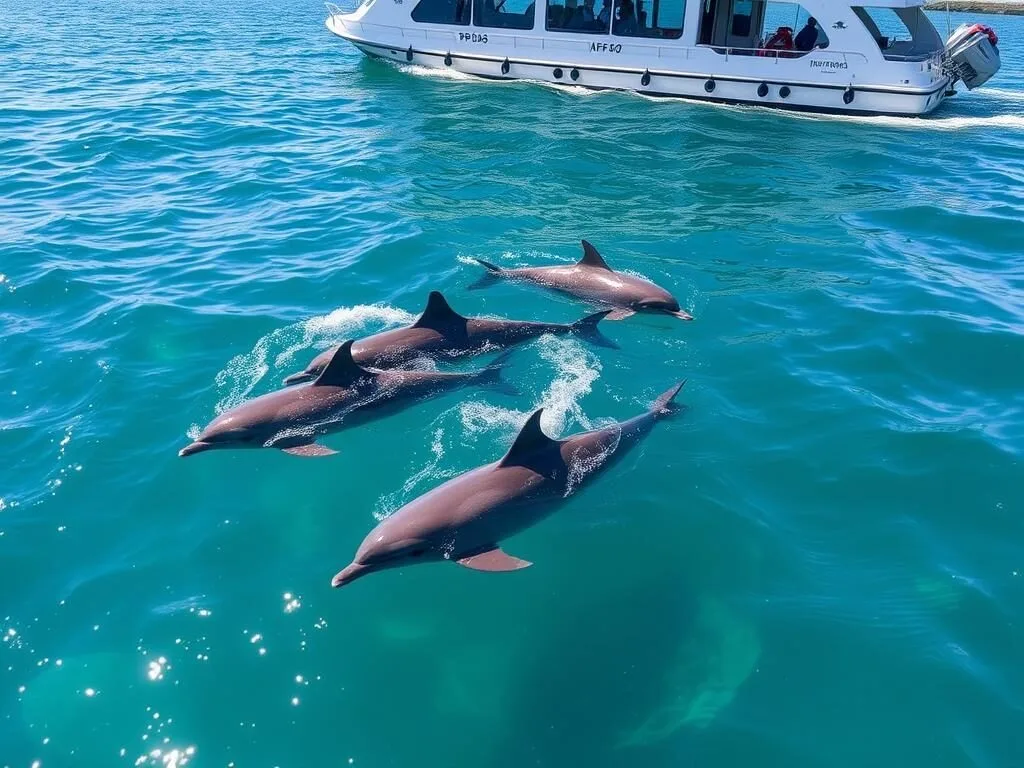 Dolphins swimming alongside a cruise boat in the Hastings River