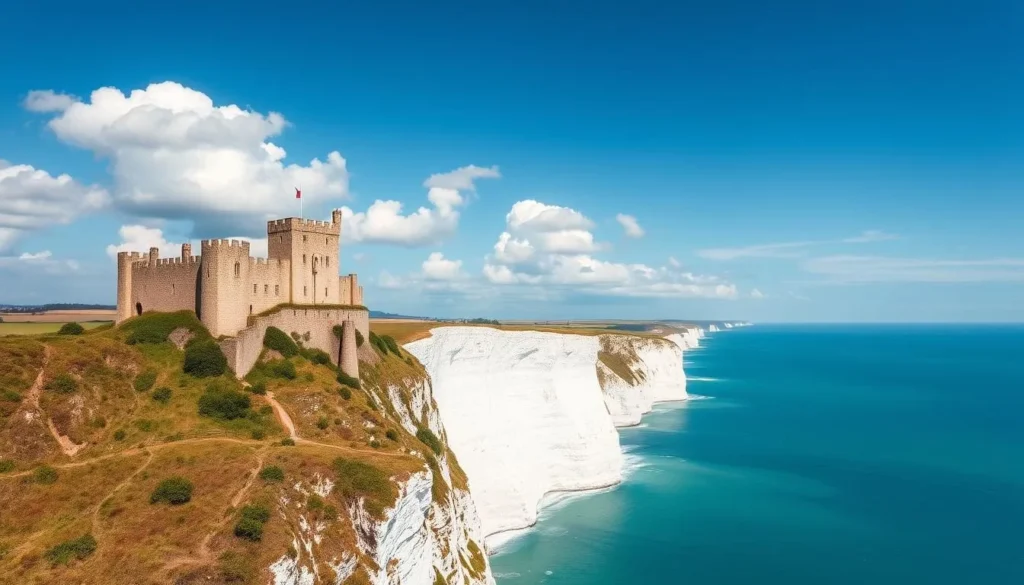 Dover Castle perched on the famous white cliffs with English Channel in background Dover Castle perched on the famous white cliffs with English Channel in background