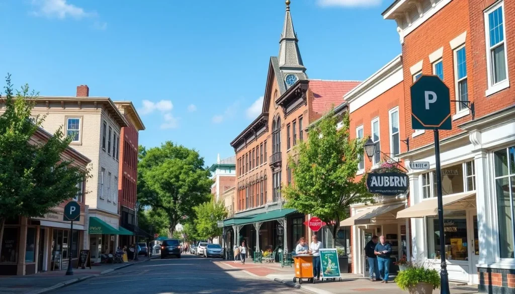 Downtown Auburn, Maine showing the city center with shops and historic buildings Downtown Auburn, Maine showing the city center with shops and historic buildings
