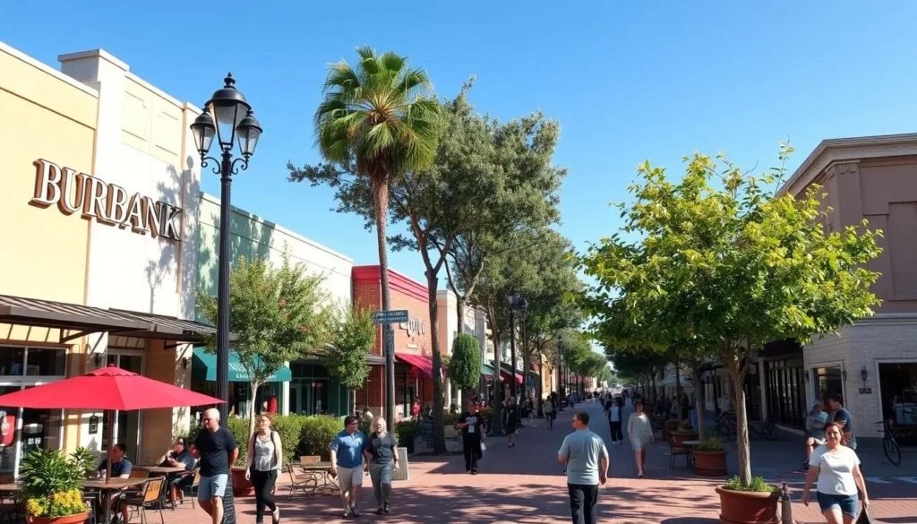 Downtown Burbank shopping district with outdoor dining areas and boutique shops, showcasing popular Burbank, California things to do Downtown Burbank shopping district with outdoor dining areas and boutique shops, showcasing popular Burbank, California things to do