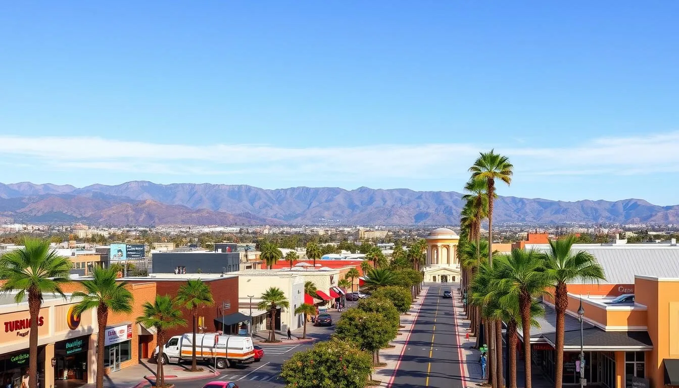 Downtown Burbank skyline with mountains in the background on a sunny day, showcasing the heart of Burbank, California things to do