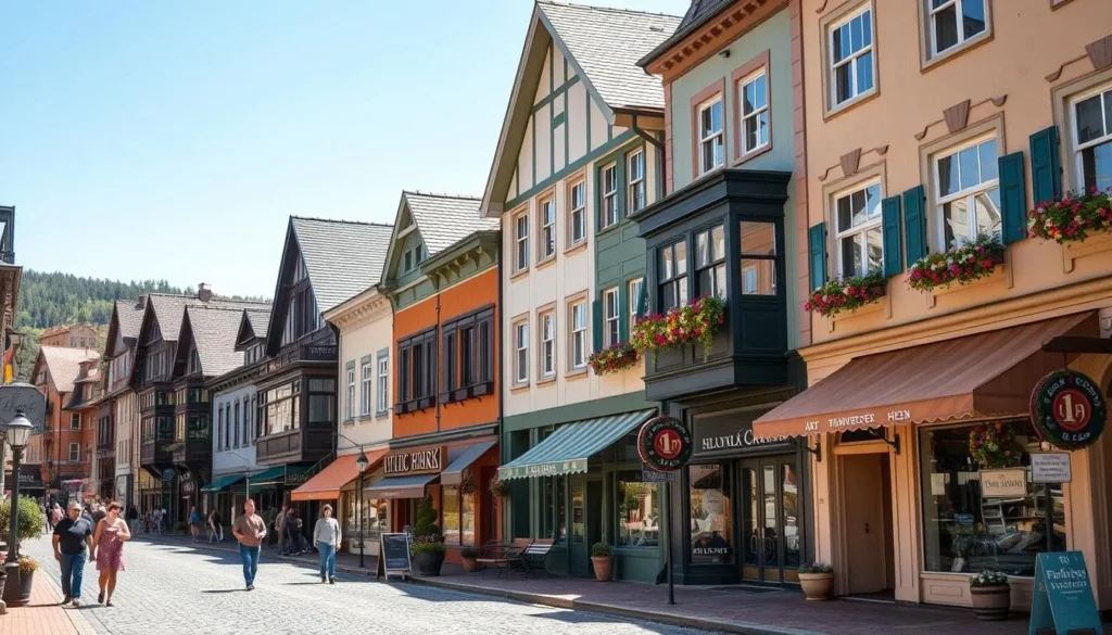 Downtown Helen Georgia with Bavarian-style buildings and shops along the main street