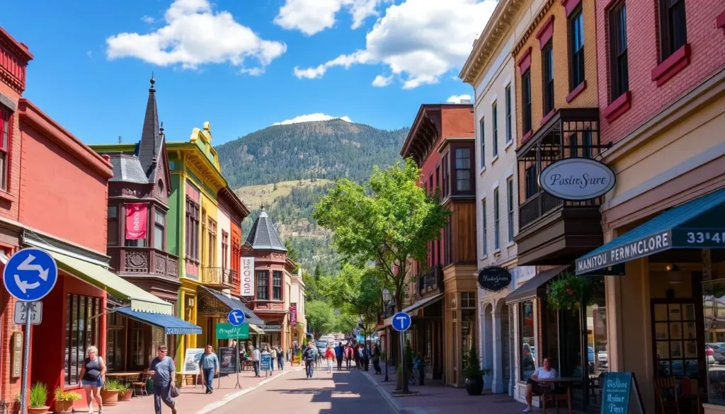 Downtown Manitou Springs showing colorful historic buildings and shops along Manitou Avenue
