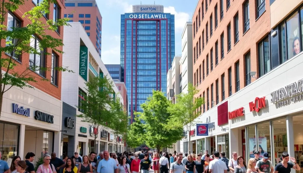 Downtown Silver Spring Mall with a mix of shops and people walking