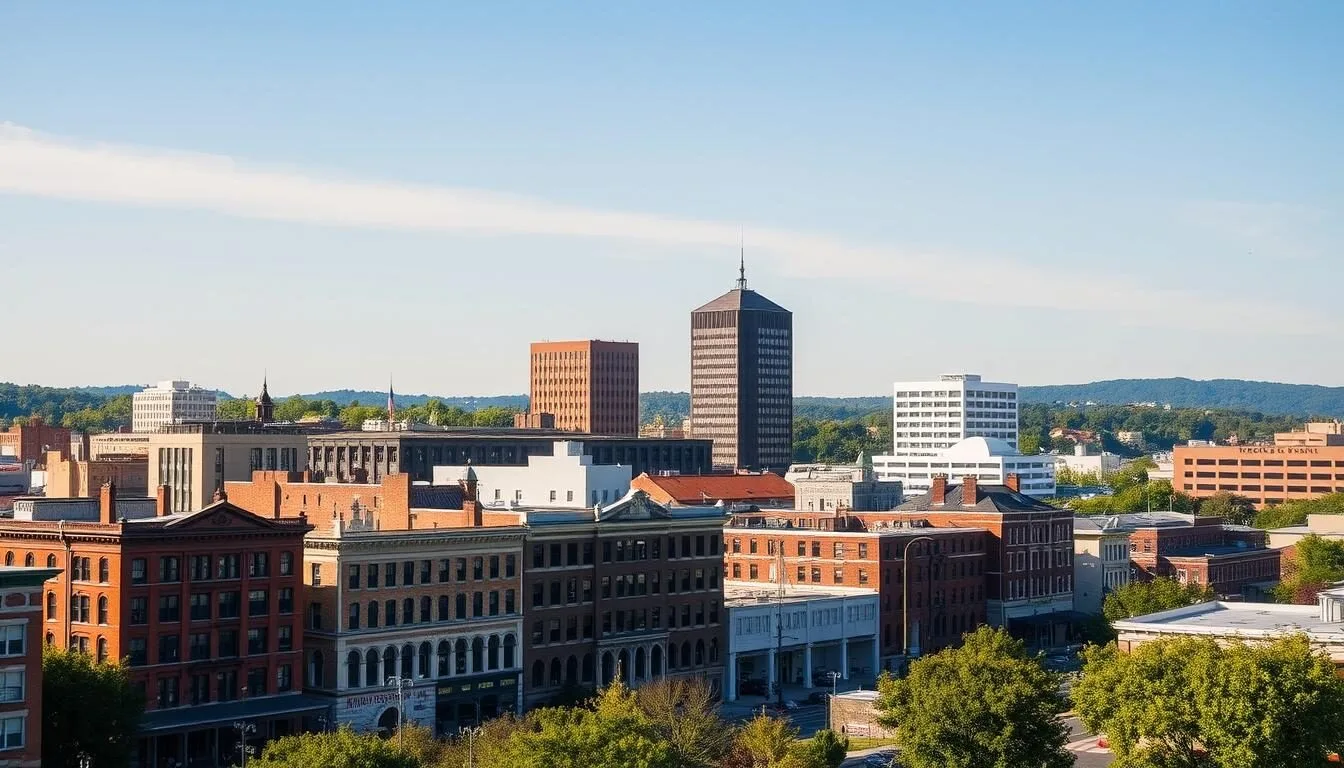 Downtown Spartanburg South Carolina skyline with historic buildings and modern developments on a sunny day