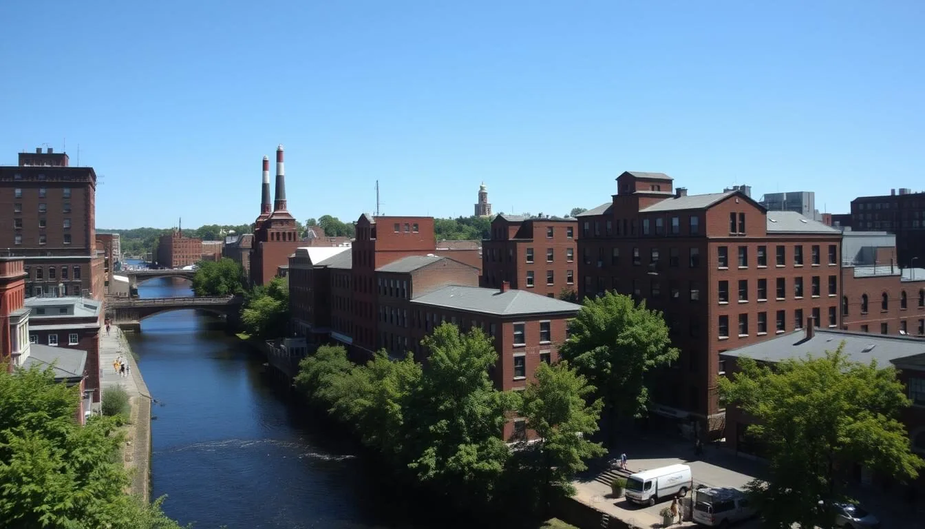 Downtown Woonsocket Rhode Island with historic buildings and the Blackstone River on a sunny day