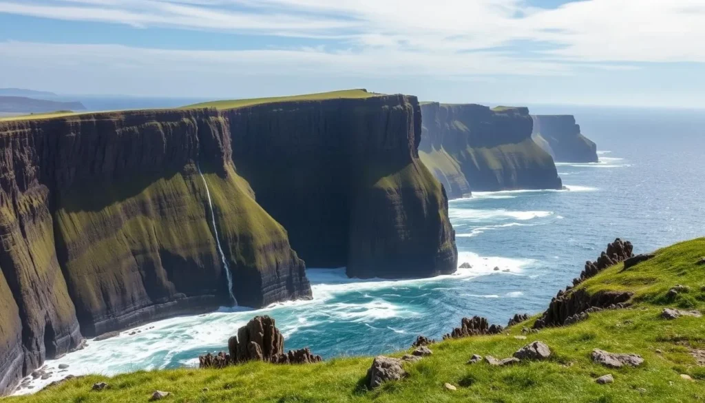 Dramatic Eshaness Cliffs in Shetland with crashing waves and volcanic rock formations