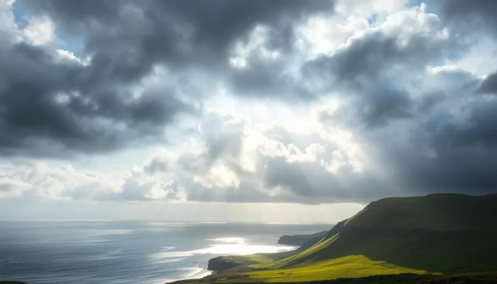 Dramatic Shetland sky with sunlight breaking through clouds over coastal landscape