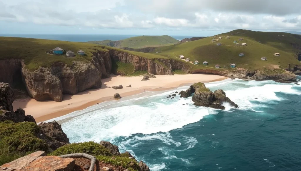 Dramatic coastline of South Africa's Wild Coast with traditional Xhosa huts, one of the South Africa best things to do off the beaten path Dramatic coastline of South Africa's Wild Coast with traditional Xhosa huts, one of the South Africa best things to do off the beaten path
