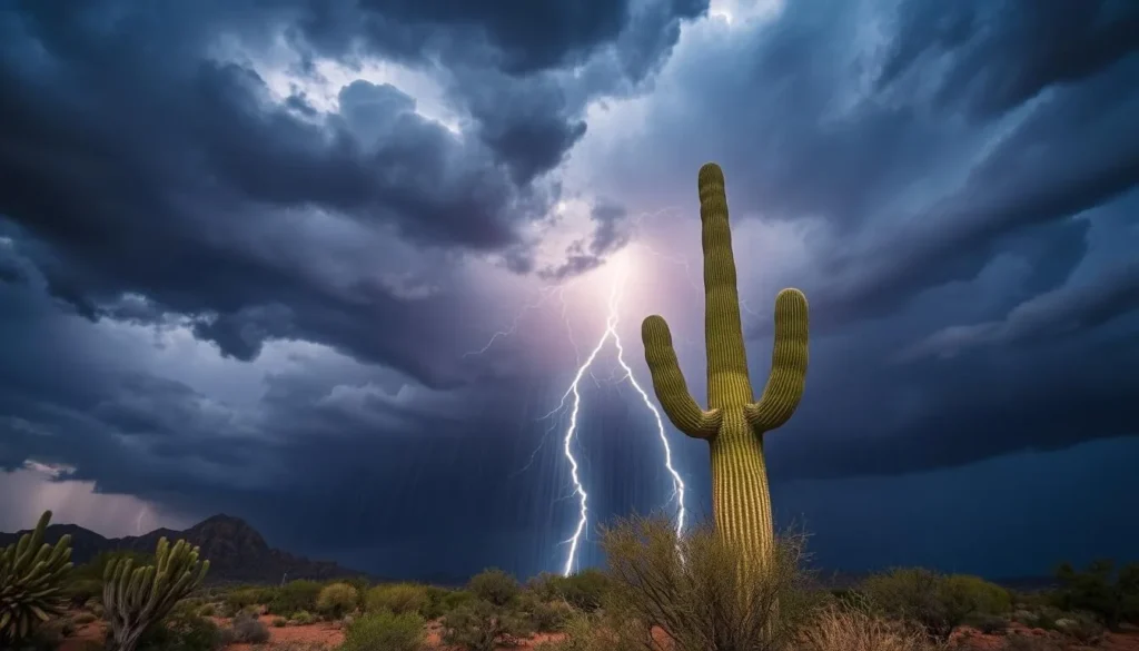 Dramatic monsoon clouds loom over a desert landscape in Tucson, Arizona. Heavy rain pours down, drenching the parched earth and cacti. Bright flashes of lightning pierce the dramatic sky, illuminating the scene. In the foreground, a lone saguaro cactus stands tall, its arms reaching up to catch the life-giving water. The air is thick with the earthy scent of creosote bush. A sense of renewal and rejuvenation fills the air as the annual monsoon season brings much-needed relief to the arid region.