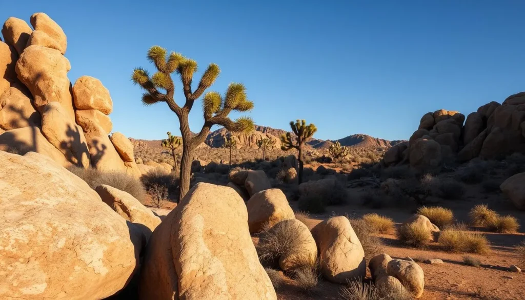 Dramatic rocky outcroppings of Joshua trees stand tall against a clear desert sky, their twisted silhouettes casting long shadows across the sun-baked landscape. In the foreground, weathered boulders and smooth sandstone formations create a mesmerizing interplay of light and shadow, inviting exploration. The mid-ground features a collection of iconic Joshua trees, their spiny branches reaching skyward, while the background showcases the rugged, undulating terrain of the Mojave Desert. Crisp, warm lighting accentuates the textural details and natural colors, evoking a sense of tranquility and timelessness.