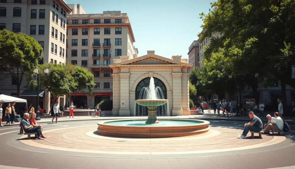 Dupont Circle fountain with Metro entrance visible and people enjoying the area