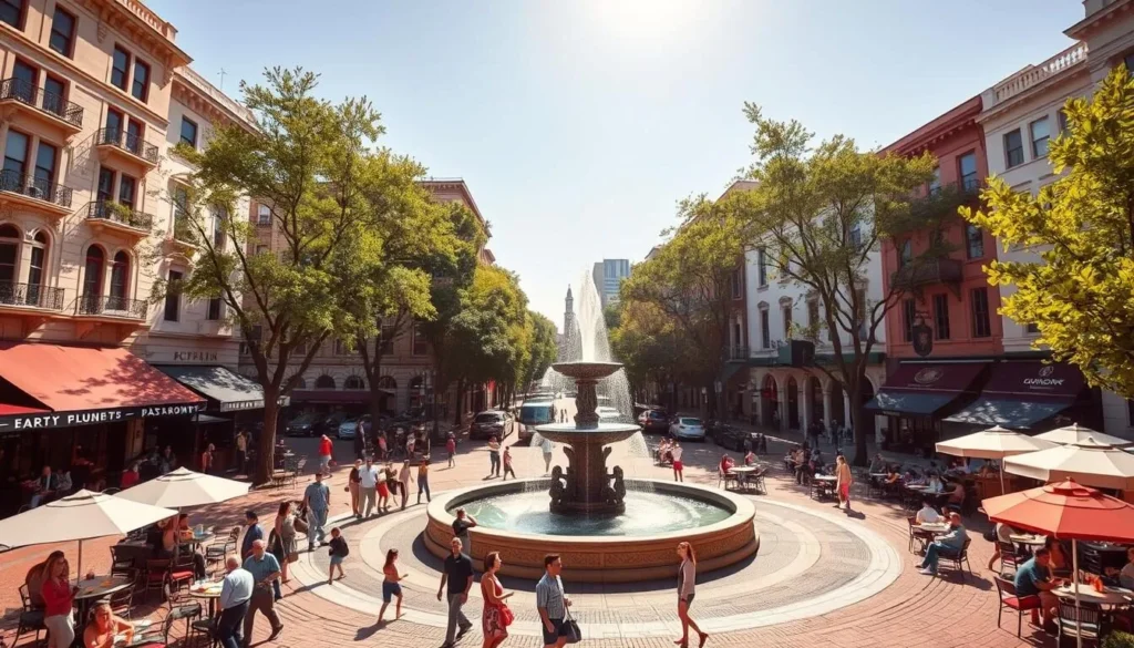 Dupont Circle fountain with surrounding cafes and restaurants in Washington DC Dupont Circle fountain with surrounding cafes and restaurants in Washington DC