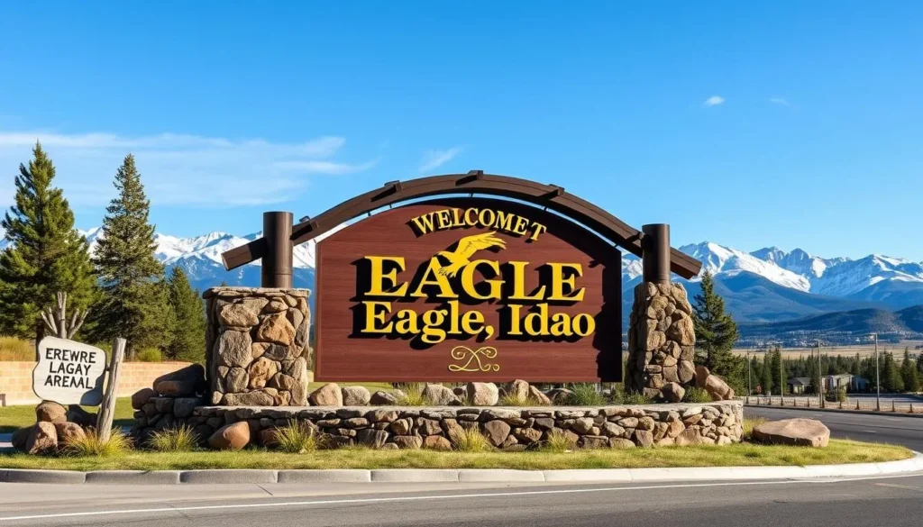 Eagle Idaho welcome sign with mountain backdrop