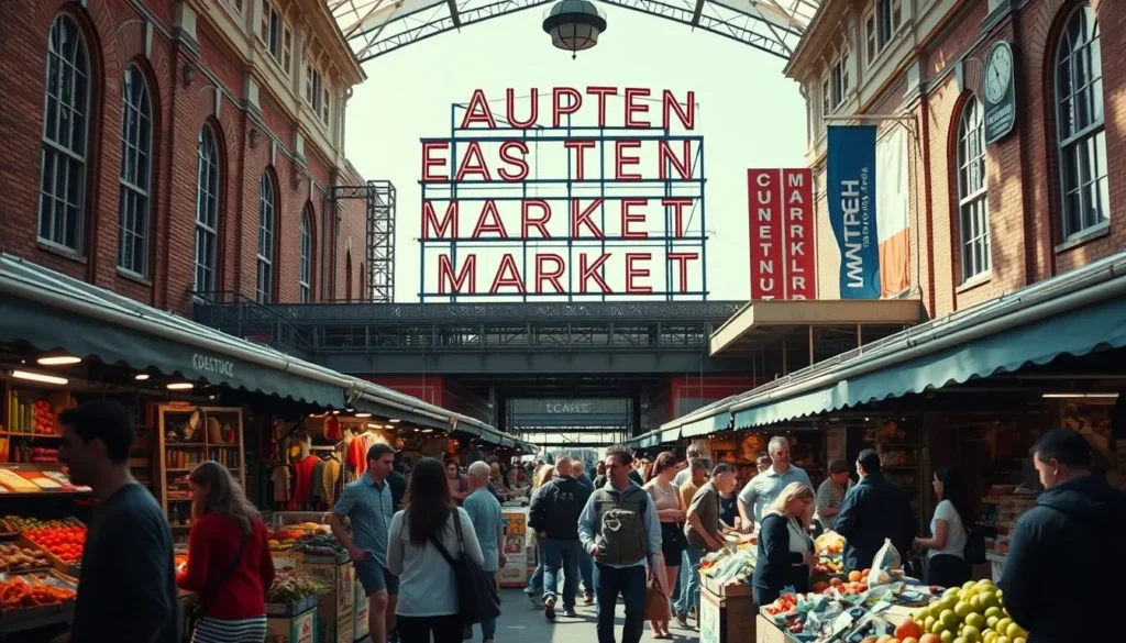 Eastern Market in Capitol Hill with vendors and shoppers browsing local goods