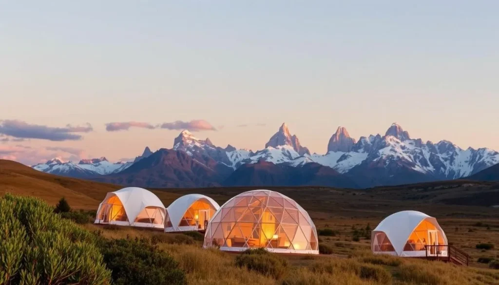 EcoCamp's geodesic domes in Torres del Paine National Park with mountain views EcoCamp's geodesic domes in Torres del Paine National Park with mountain views