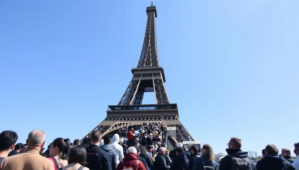 Eiffel Tower with a long queue of visitors