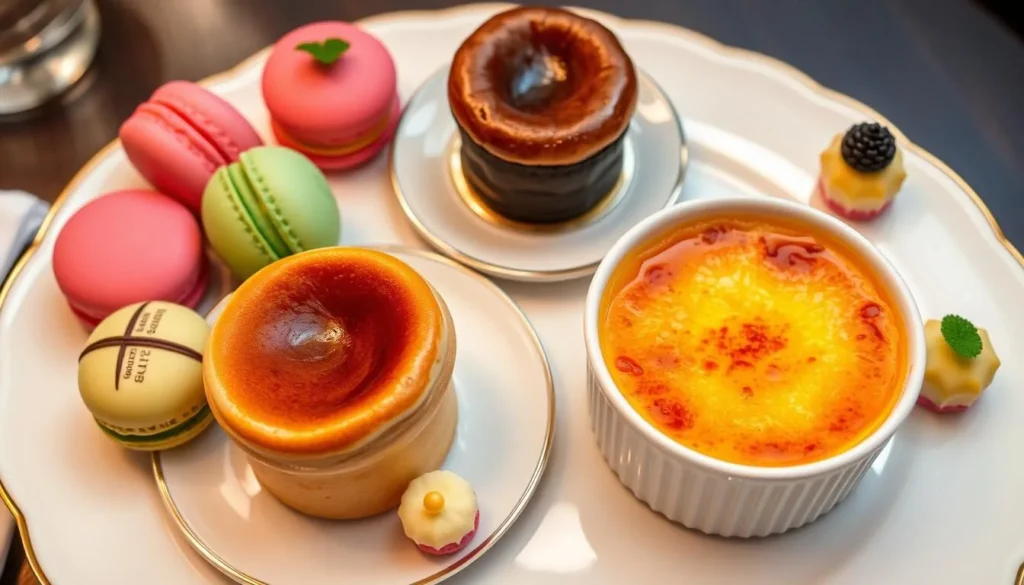Elegant French dessert platter with macarons, chocolate soufflé, and crème brûlée