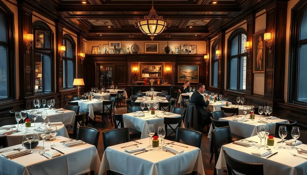 Elegant French restaurant interior in Washington DC with white tablecloths and soft lighting