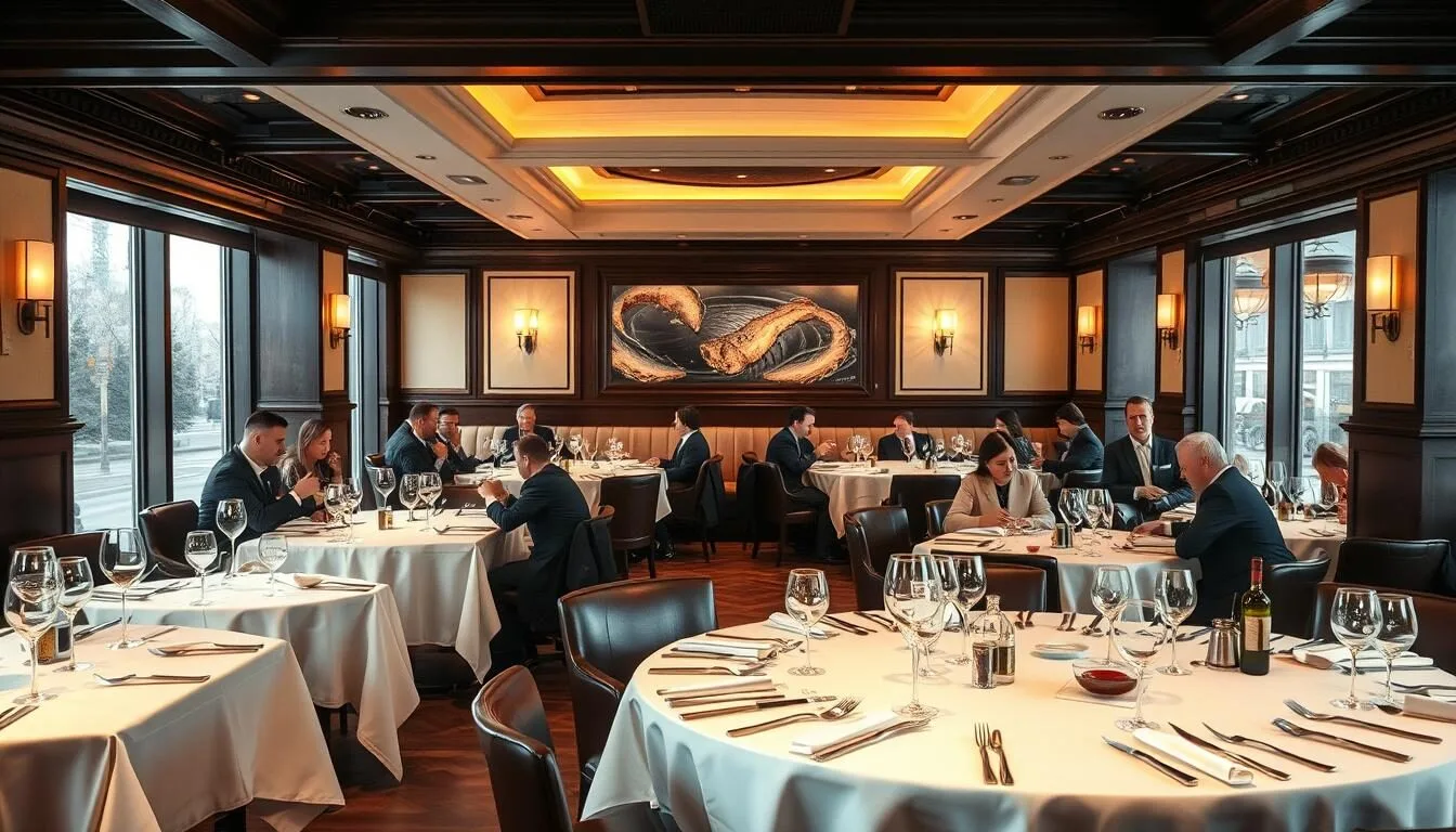 Elegant Washington DC steakhouse interior with white tablecloths and warm lighting