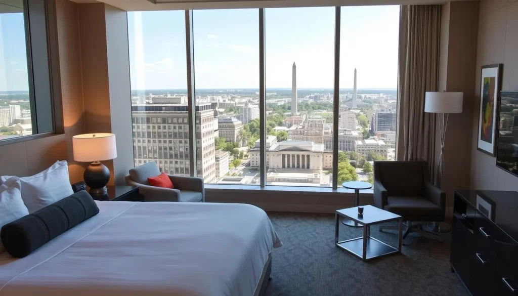 Elegant hotel room in Washington DC with a view of the city skyline and monuments