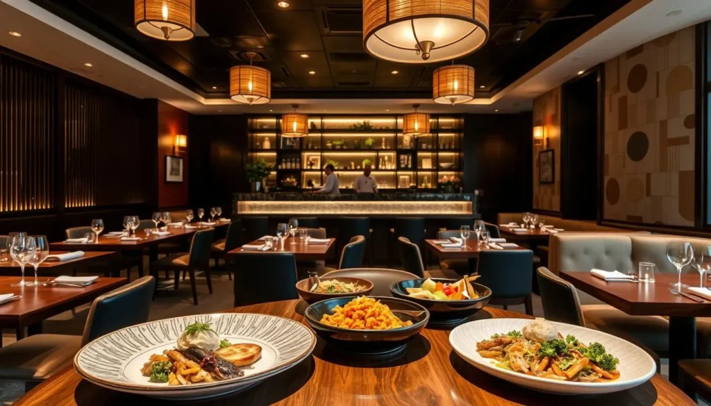 Elegant interior of Anju restaurant with Korean-inspired decor and beautifully plated dishes