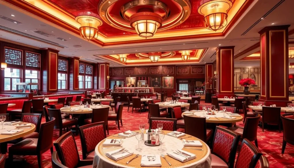 Elegant interior of Han Palace restaurant with traditional Chinese elements and modern design