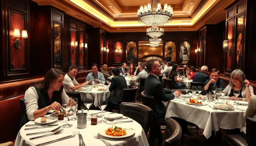 Elegant restaurant interior in Washington DC with diners enjoying meals at well-set tables