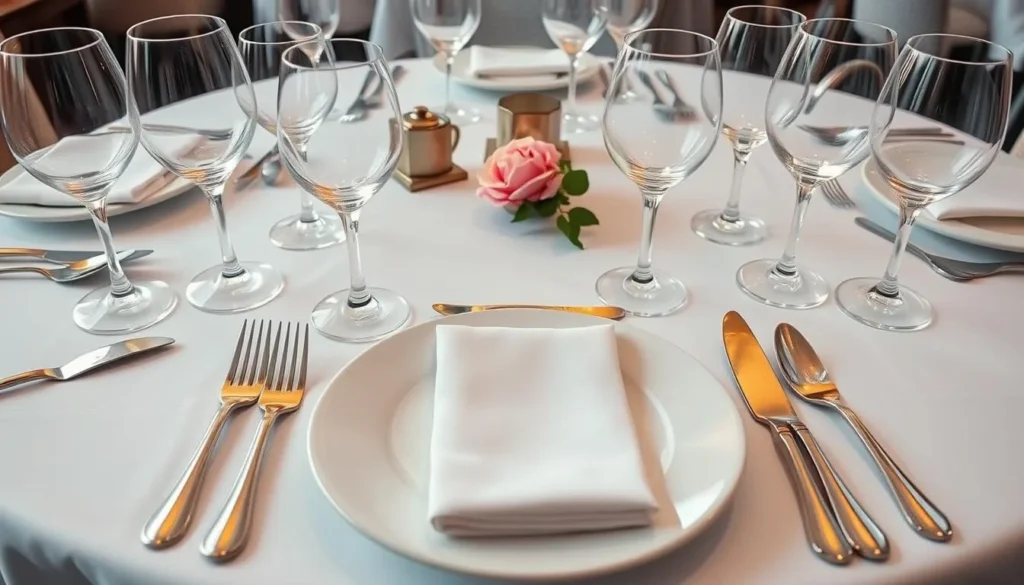 Elegant table setting at a French restaurant in Washington DC with proper wine glasses and fine china