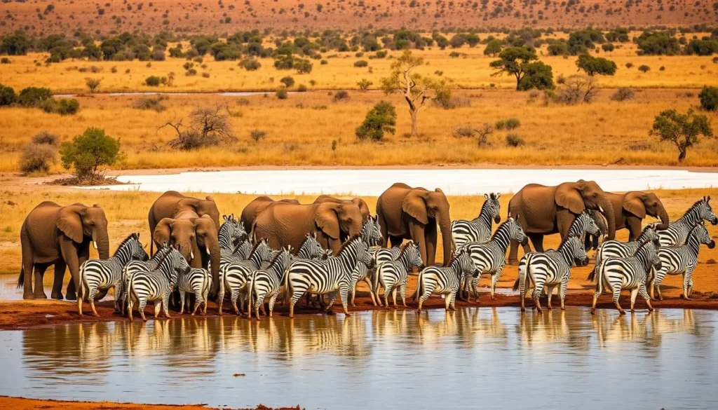Elephants and zebras gathering at a waterhole in Etosha National Park with the white salt pan in the background - best things to do in Namibia