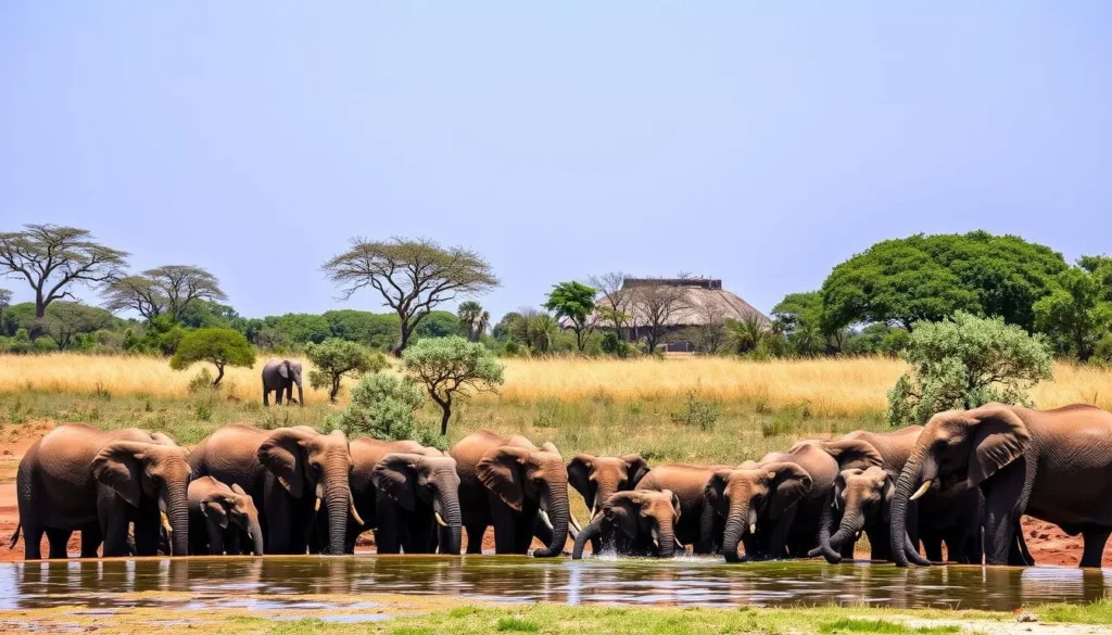 Elephants at a watering hole in Yankari Game Reserve with lush savanna landscape in the background Elephants at a watering hole in Yankari Game Reserve with lush savanna landscape in the background
