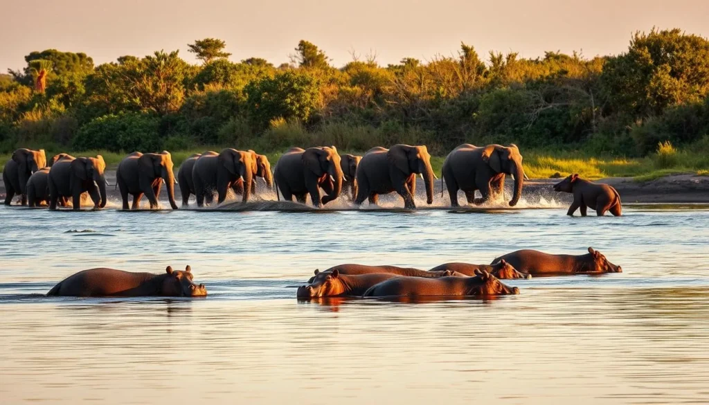 Elephants crossing the Shire River in Liwonde National Park with hippos visible in the water