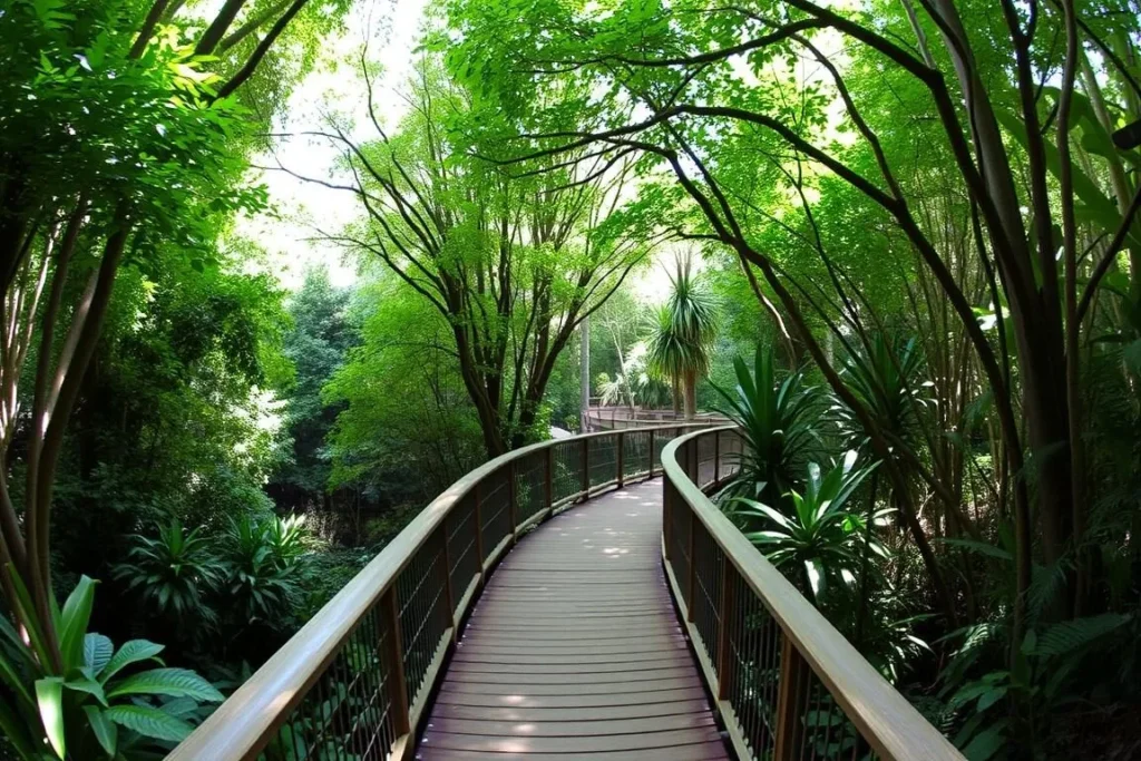 Elevated boardwalk through Sea Acres Rainforest with lush greenery