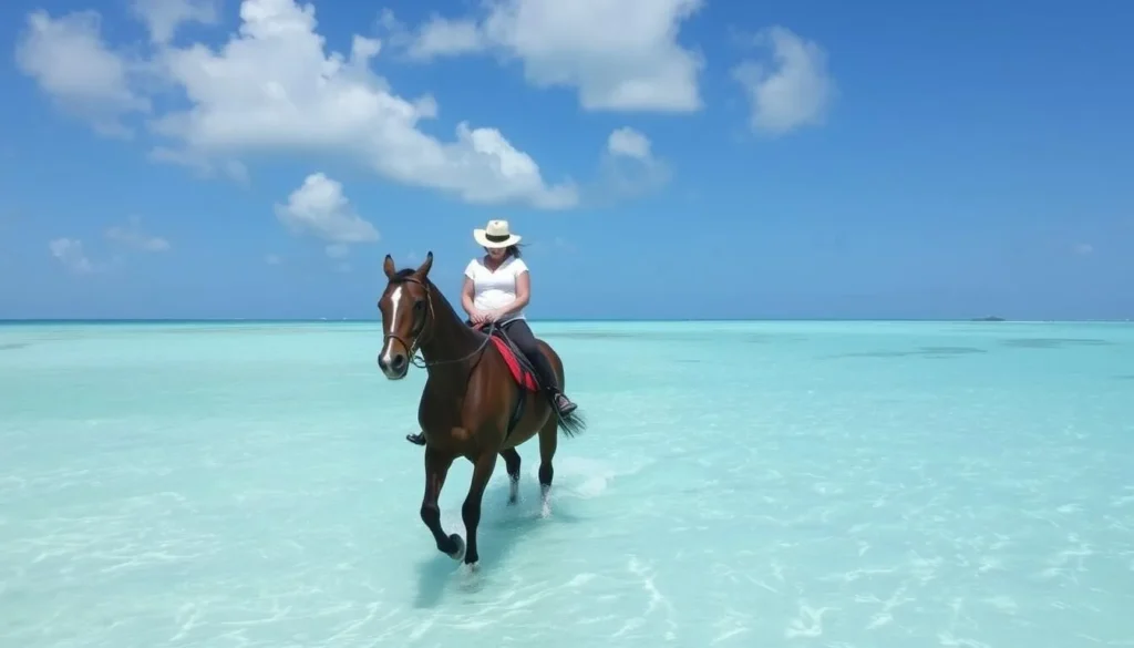 Enjoy a serene horseback ride on Long Bay Beach, Turks & Caicos, with the crystal-clear waters and picturesque scenery.