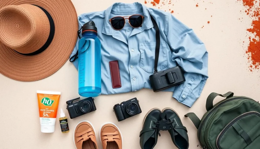 Essential items for a trip to Yulara including sun protection, water bottles, and appropriate clothing, Best Things to Do in Yulara, Northern Territory Essential items for a trip to Yulara including sun protection, water bottles, and appropriate clothing, Best Things to Do in Yulara, Northern Territory