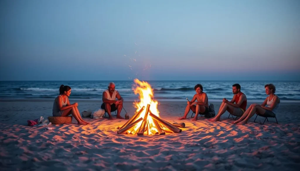 Evening beach bonfire in Montauk with people gathered around the fire