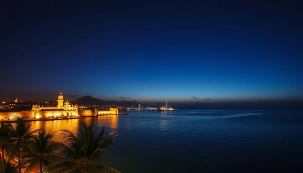 Evening view of Cartagena's illuminated city walls and skyline reflecting in the Caribbean Sea Evening view of Cartagena's illuminated city walls and skyline reflecting in the Caribbean Sea