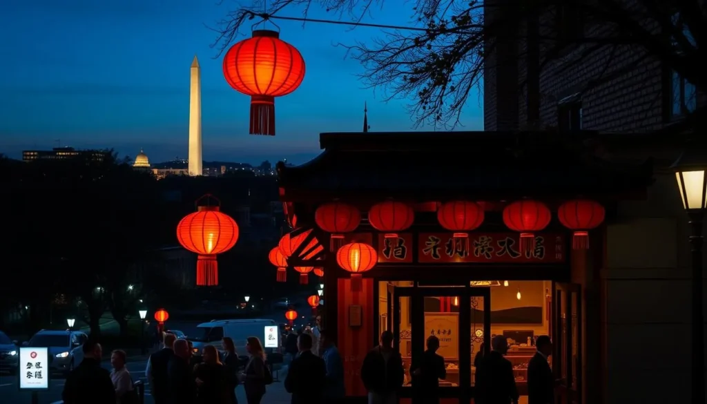 Evening view of Washington DC with Japanese lanterns illuminating a restaurant entrance