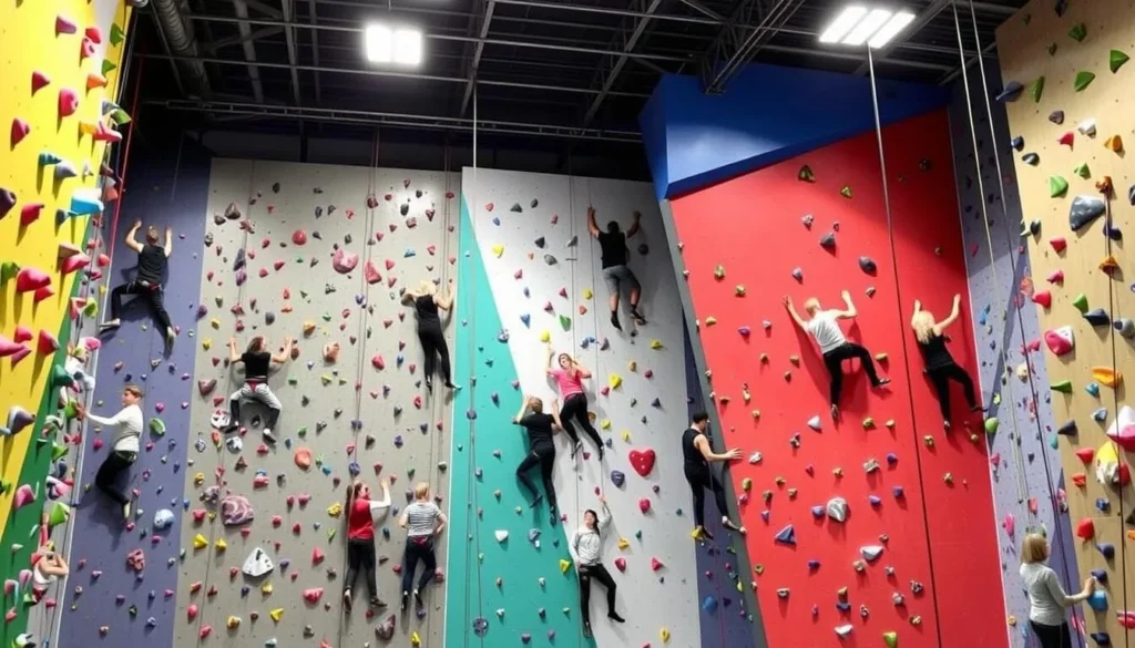 Exeter Quay Climbing Centre with various climbing routes and happy climbers