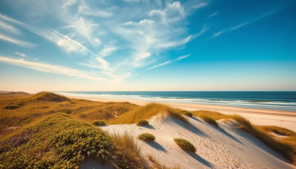 Expansive coastline of Padre Island National Seashore, with pristine sandy beaches, gently lapping waves, and a serene blue sky overhead. Lush dunes dotted with native flora create a picturesque foreground, leading the eye towards the vast, tranquil Gulf of Mexico in the distance. Warm sunlight filters through wispy clouds, casting a soft, golden glow over the scene. Capture the natural beauty and unspoiled charm of this beloved Texas coastal treasure, showcasing its unique geography and inviting atmosphere through a wide-angle, cinematic lens.
