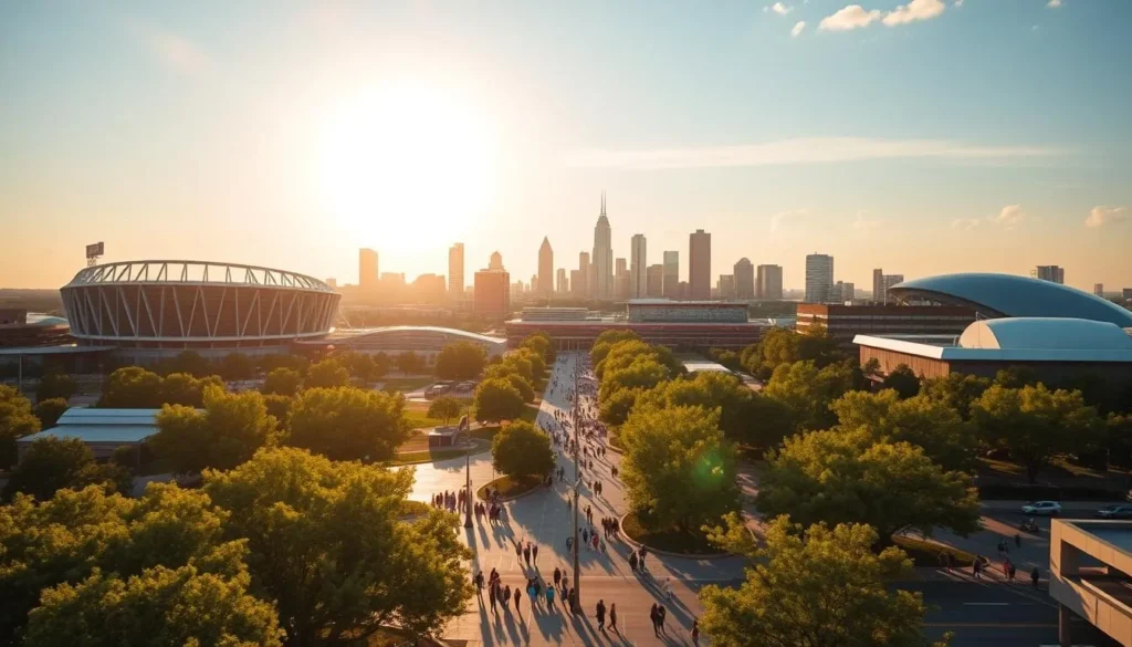 Expansive skyline of Arlington, Texas, bathed in warm afternoon sunlight, with the iconic landmark of AT&T Stadium and the sleek modern architecture of the Convention Center in the foreground. Lush greenery and tranquil parks dotting the cityscape, inviting visitors to explore the city's natural charm. In the middle ground, bustling crowds stroll along lively urban streets, capturing the vibrant energy of this thriving metropolis. Subtle lens flare and depth of field blur create a cinematic, immersive atmosphere, showcasing Arlington's alluring blend of modernity and natural beauty.