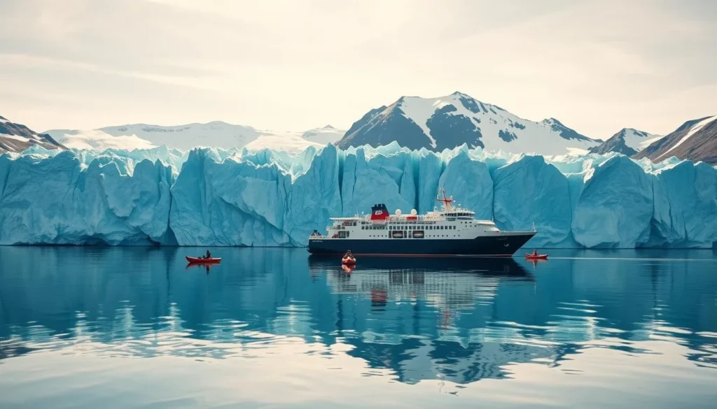 Expedition cruise ship near glacier in Svalbard, popular Svalbard and Jan Mayen things to do Expedition cruise ship near glacier in Svalbard, popular Svalbard and Jan Mayen things to do
