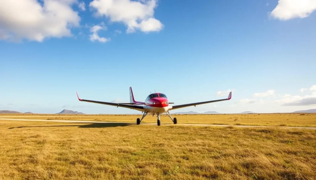 FIGAS small aircraft landing on a grass airstrip in the Falkland Islands FIGAS small aircraft landing on a grass airstrip in the Falkland Islands