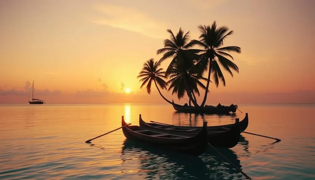Fakaofo Atoll lagoon at sunrise with traditional canoes