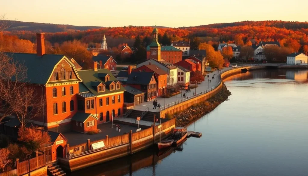 Fall River, Massachusetts, on a crisp autumn day. A quaint New England town nestled along the banks of the Taunton River, its historic architecture and tree-lined streets bathed in the warm glow of the setting sun. In the foreground, a charming old mill building, its red brick façade and ornate details reflecting in the still waters. In the middle ground, people strolling along the riverside walkway, enjoying the seasonal scenery. In the background, a rolling hills dotted with vibrant foliage, creating a picturesque landscape. Capture the essence of this quintessential New England destination, with a focus on the tranquil, inviting atmosphere perfect for planning your visit to Fall River.