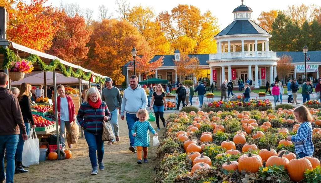 Fall River's seasonal activities showcase the vibrant New England charm. In the foreground, families stroll through a colorful farmer's market, browsing freshly harvested produce and handcrafted goods. In the middle ground, children delight in a pumpkin patch, picking their perfect autumn companions. The background reveals a picturesque town green, adorned with festive decorations and a grand gazebo, setting the stage for lively community events. Warm sunlight filters through the changing foliage, creating a cozy, inviting atmosphere. The scene captures the essence of Fall River's year-round festivities, from summer music concerts to winter ice skating. This tranquil yet bustling tableau showcases the diverse seasonal activities that make this Massachusetts city a beloved New England destination.