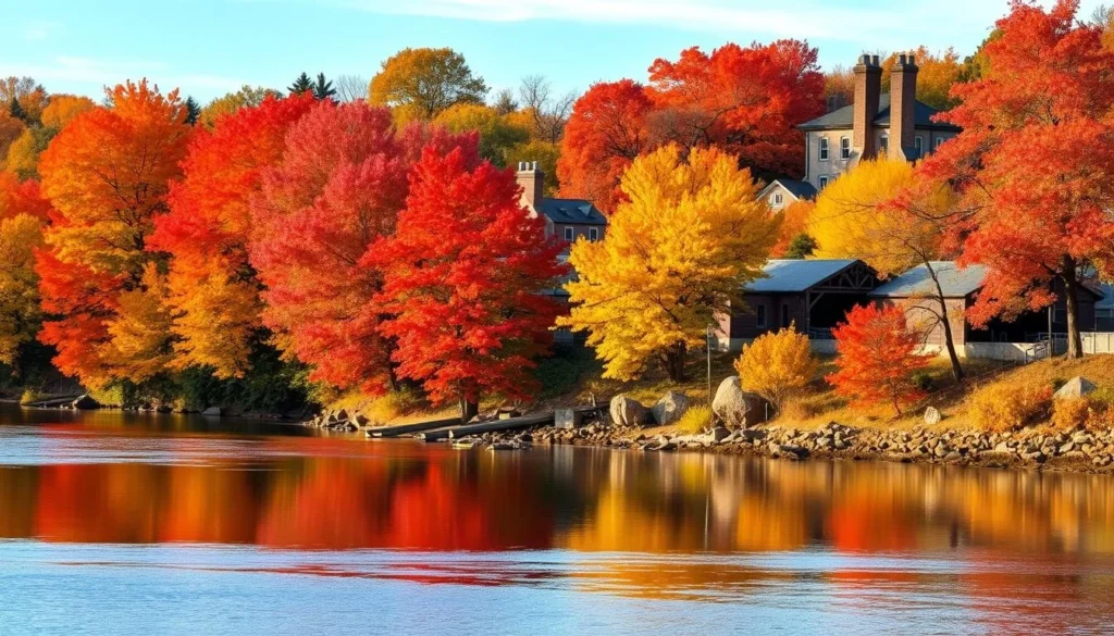Fall foliage along the Blackstone River in Woonsocket Rhode Island